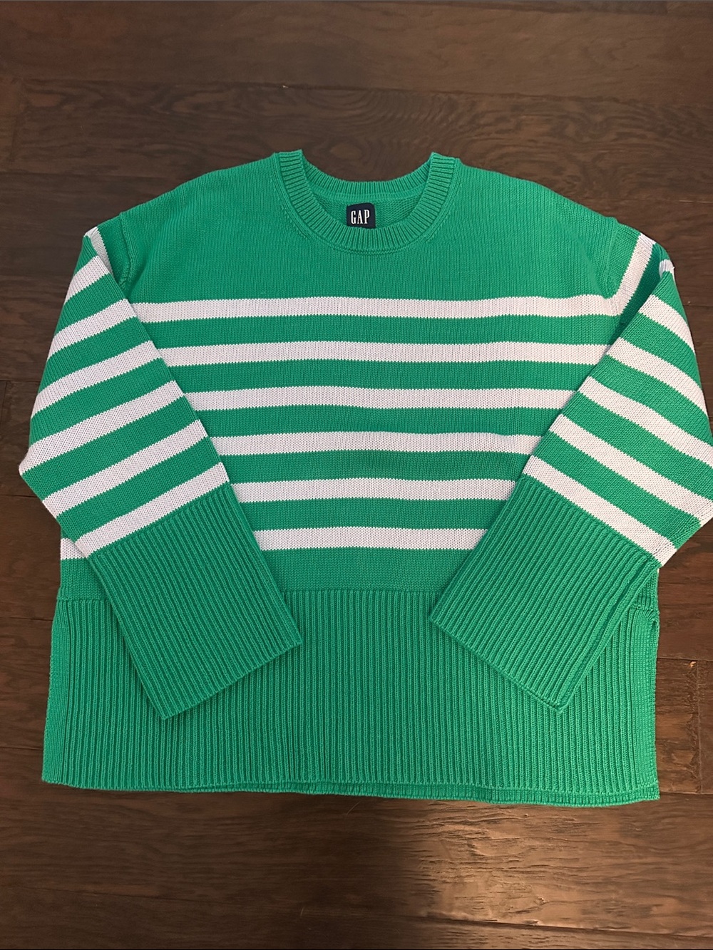 GAP 24/7 Split Hem Striped Cotton Sweater Green Blue M Tall NWOT - Picture 5 of 10